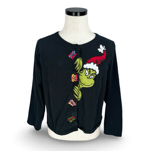 Michael Simon Dr. Seuss Grinch Christmas Cardigan Sweater Women’s XL Black‎ Rare